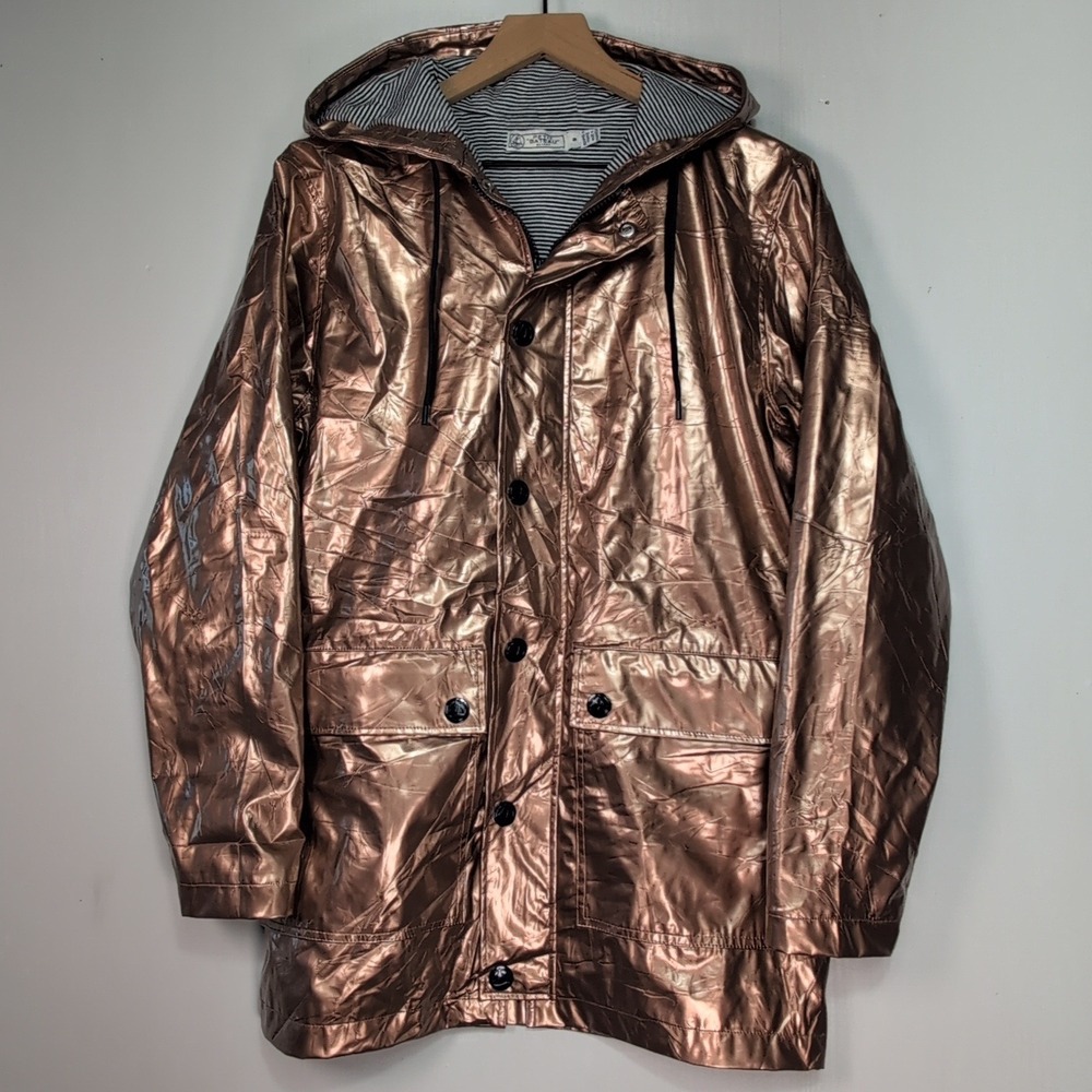 Petit Bateau Cire Raincoat Gold Metallic Size S Copper Hooded Raincoat Striped